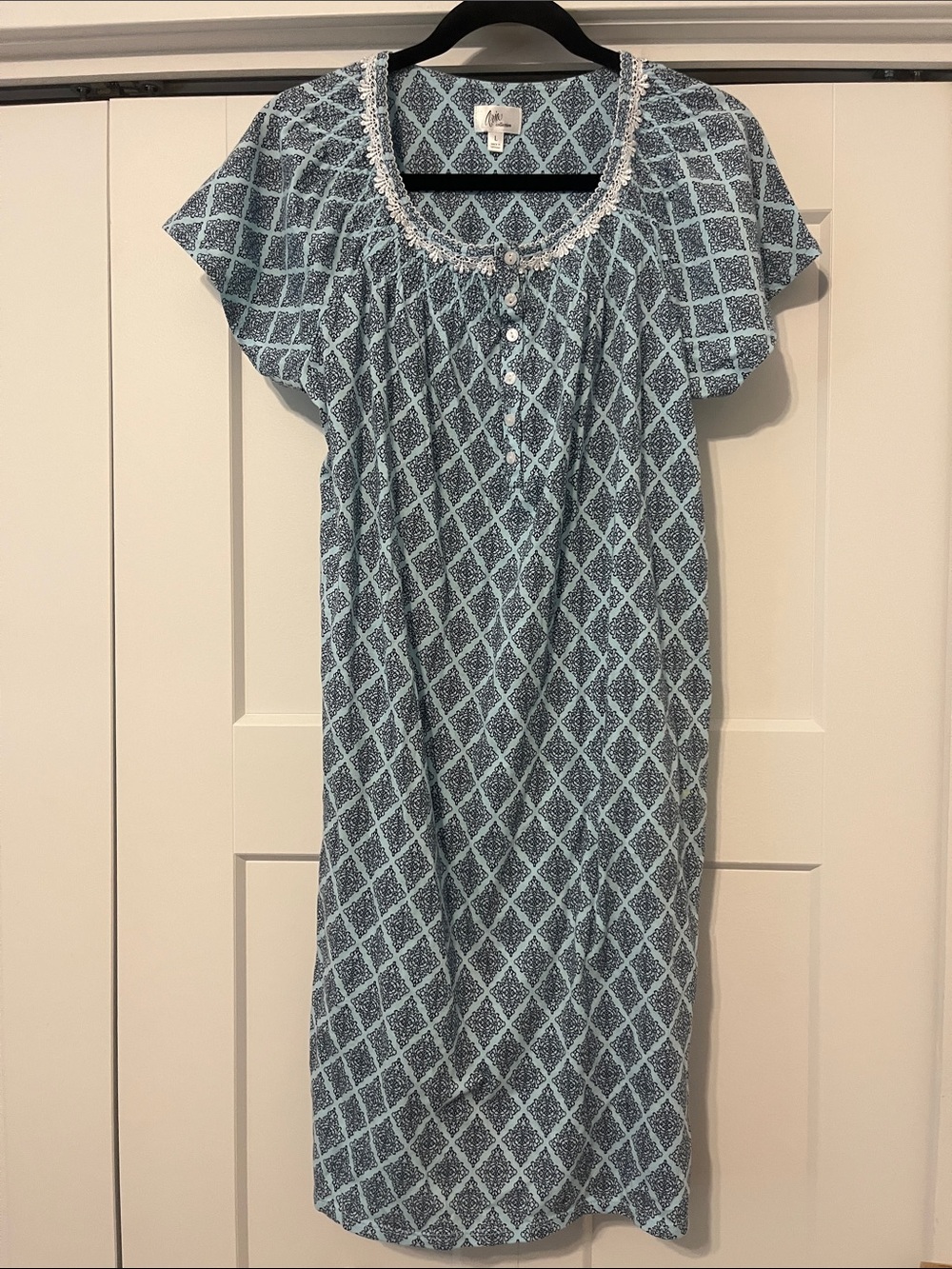 Aria Large Blue Patterned Nightgown Lace Trim Pajama Dress Grandmacore Like New